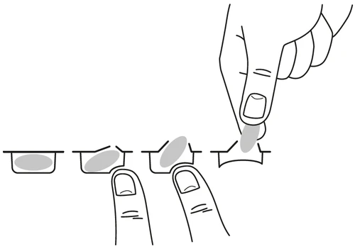 Schematic drawing showing the steps for pressing a finger onto a medical device to release its contents through gradual pressure