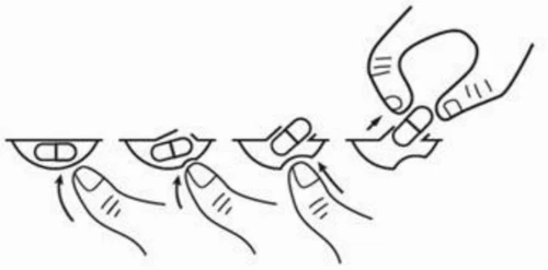 Black and white diagram showing four steps to extract a tablet from a blister by using fingers to push and lift the medication