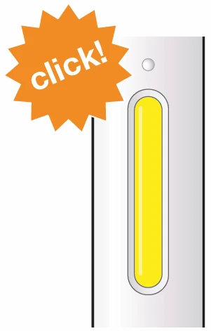 Illustration of a medical device with an oval window showing yellow liquid and an orange star with the word 'click' in white