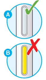 Medical diagram with two circles: circle A shows a device with transparent window and green checkmark, circle B shows yellow liquid and red X