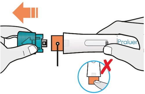 Two hands separating a Praluent medical device with an orange arrow and a blue circle showing an error with a red cross on top