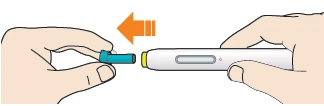 Two hands separating a white medical device from a blue cap, with an orange arrow indicating movement to the left