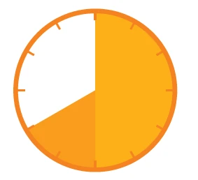 Stylized clock with orange frame and dial divided into two sections, one white and one yellow-ochre occupying three-quarters of the circle