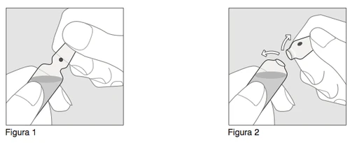 Due illustrazioni mostrano mani che tengono una fiala di vetro per aprirla, con frecce che indicano il movimento di rotazione per staccare il tappo