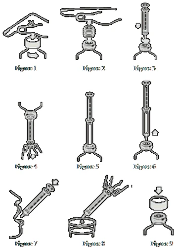 Sequence of nine numbered diagrams illustrating the assembly and preparation steps of a medical device or multi-component syringe