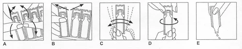 Sequence of four diagrams showing how to separate, rotate, and use a medical vial with hands