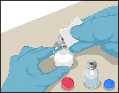 Hands wearing blue gloves removing a white cap from a glass vial containing white liquid on a light surface with red and blue caps