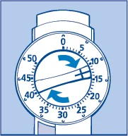 Diagram of a timer with numbers from 0 to 50 and two curved blue arrows indicating clockwise rotational movement