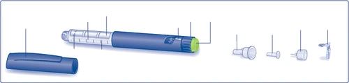 Technical diagram of a blue and transparent injection pen with cap, separated components, and reference lines for device parts