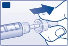 Technical illustration showing a hand rotating the upper part of an injection pen to the right following the direction of a blue arrow