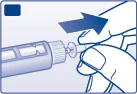 A hand holding an injection pen and pushing it forward toward the skin following the direction indicated by a thick blue arrow