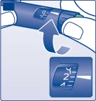 A hand rotating the dial of a blue medical device to adjust the dosage, with an inset showing the number 2 on the display
