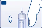 Blue technical drawing of a hand holding a medical device with an exposed needle next to vibration or signal symbols