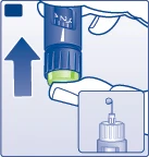 Medical illustration showing a hand holding a blue and green device with an arrow pointing upward