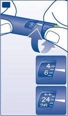 Two hands holding a blue injection pen with an arrow indicating rotation of the dial to adjust the dosage between 4 and 26 units