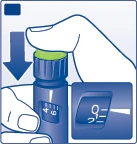 A hand pressing the green cap of a blue vial downward, indicated by a downward arrow, with a close-up detail of the dosage marked on the container