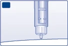 Technical illustration of a pre-filled syringe placed vertically above a flat surface, indicating the tip of the