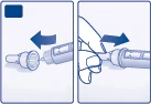 Two illustrations showing how to connect and disconnect a medical device using lateral movements indicated by dark blue arrows