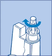 Technical illustration of a medical device with a curved blue arrow indicating counterclockwise rotation of the upper part