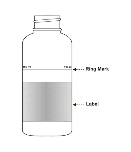 Rysunek techniczny butelki z oznaczeniem poziomu 100 ml, okrągłą linią zwaną Ring Mark oraz innym