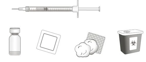 Technical drawing of a syringe with needle, a glass vial, a square adhesive bandage, two cotton swabs, and a biohazard waste container