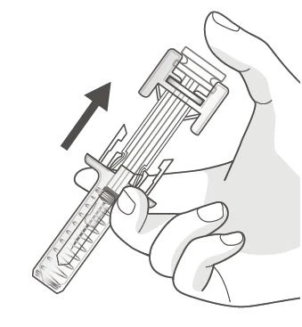 A hand holds a syringe-shaped medical device with a black arrow indicating movement toward the