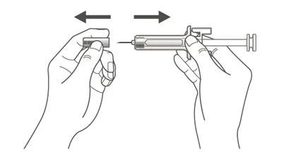 Two hands moving a syringe back and forth with black arrows indicating horizontal motion between a container and the syringe barrel