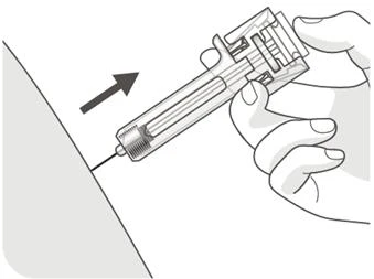 A hand holds an injection device tilted toward a skin surface with an arrow indicating downward movement