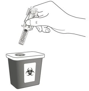 A hand holds a syringe above a biohazard waste container with the biohazard symbol for safe disposal