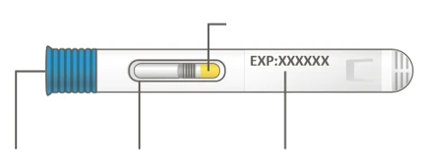Diagram of an injection pen with yellow medication level indicator, viewing window, expiration date, and blue cap on the left