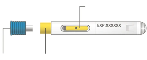 Diagram of an injection pen with liquid control window and expiration date printed on the white body
