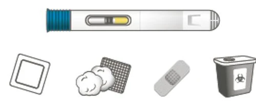 Pen-shaped medical device with yellow window and four icons below showing a square, cotton, adhesive bandage, and biohazard waste container