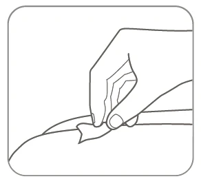 Line drawing showing a hand gently pinching the skin of the arm or thigh to prepare for the