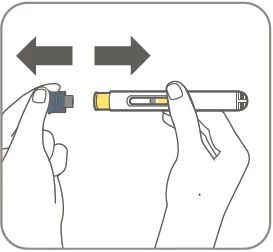 Two hands separating a blue cap from a pen-shaped medical device with gray arrows indicating movement away from the