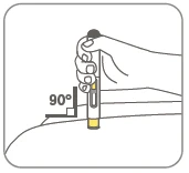 A hand holds an injection pen positioned vertically at 90 degrees to the skin surface for the