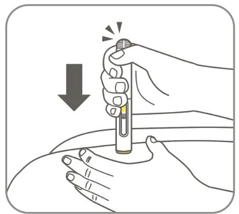 A hand presses a pen-shaped medical device against the thigh skin with a black arrow indicating downward movement