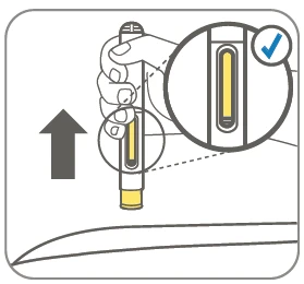 Illustration of a hand holding an injection pen with a close-up showing visible yellow liquid and a blue checkmark