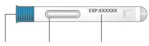 Diagram of a white cylindrical medical device with grooved blue cap, transparent window, and expiration date indication EXP