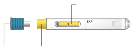 Technical diagram of a white cylindrical medical device with a visible yellow reservoir, blue section on the left, and markings EXP