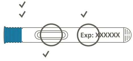 Technical drawing of an injection pen with checkmarks above the viewing window and expiration date indicated as Exp XXXXXX