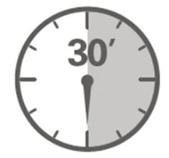 Icon of an analog clock with the right half highlighted in gray and the number 30 followed by an apostrophe in the center