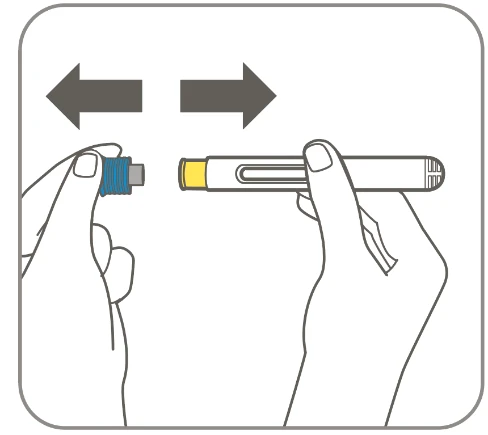 Two hands removing a blue cap from a medical injection pen with gray arrows indicating movement away from the