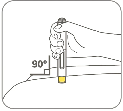 A hand holds an injection pen positioned vertically at 90 degrees to the skin surface for the