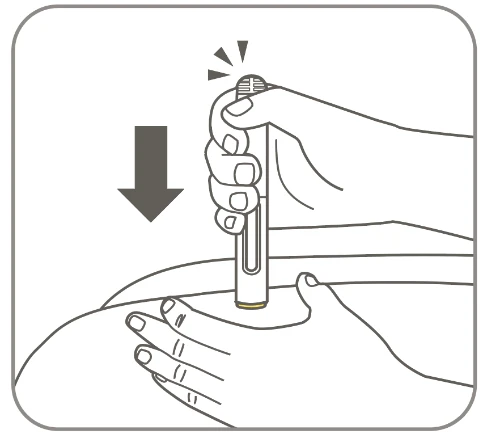 A hand holds an injection pen and presses it downward against the skin of a thigh supported by the