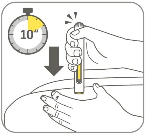 Illustration of a hand pressing an injection pen onto the thigh with a timer indicating a duration of 10 seconds