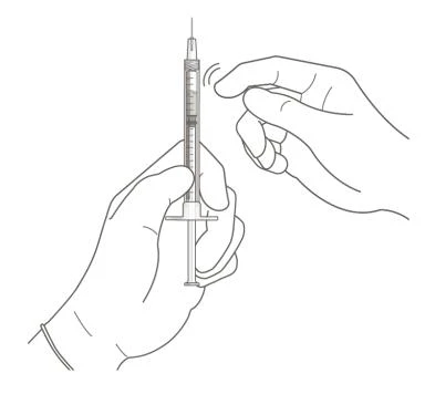 Line drawing of two hands gripping a syringe with needle pointing toward the