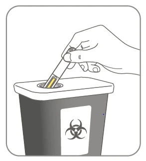 A hand inserts a used syringe with yellow liquid into the