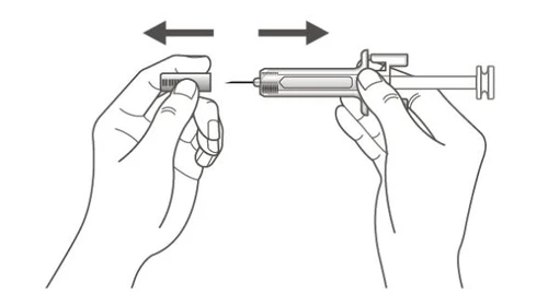 Two hands moving a syringe back and forth toward a cap with black arrows indicating horizontal motion
