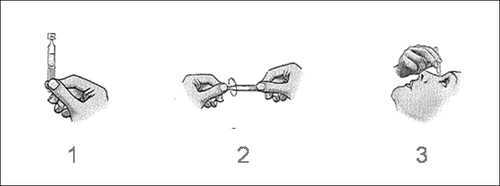 Tres pasos ilustrados: una mano sostiene un frasco, una segunda pareja de manos abre el dispositivo y una tercera mano administra el medicamento en la boca