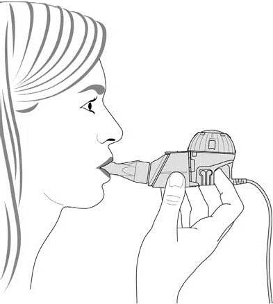 Dibujo lineal de una persona de perfil que sostiene con la mano un inhalador colocado delante de la boca para la